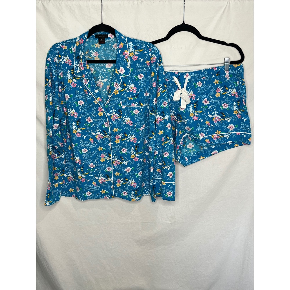 J Crew Women's Large Pajama Set Blue Aloha Hawaiian Print Long Sleeve Top Shorts